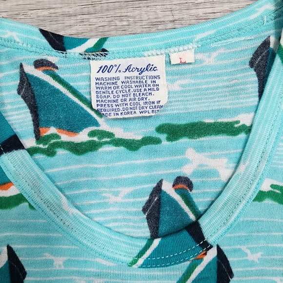 70s 80s VINTAGE Made in Korea Cruise Ship Boat Water Pattern T Shirt Top Large - Picture 4 of 12